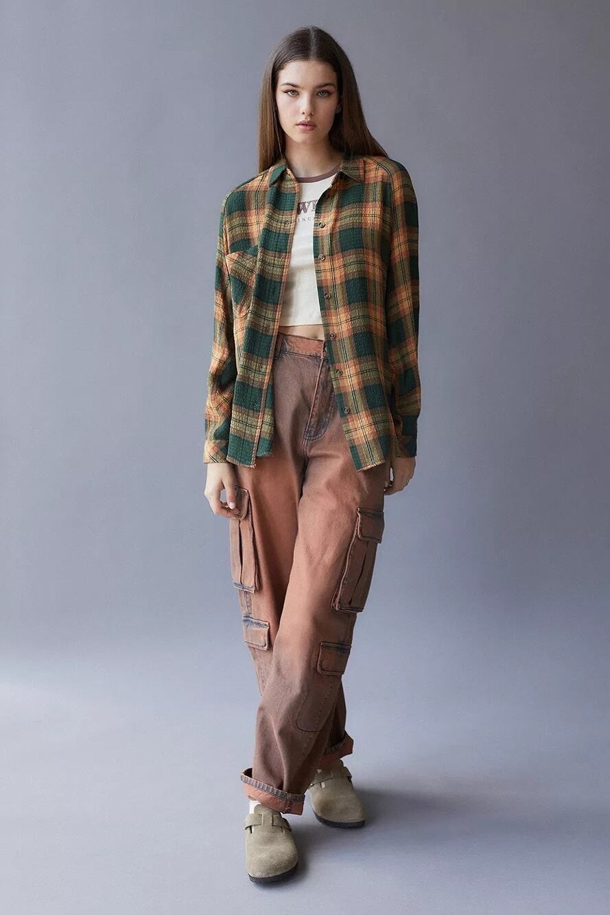 BDG Keanu Flannel Shirt Green Tan Plaid Oversized Boyfriend Women’s M